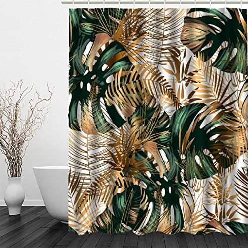 OENISE Tropische Blätter 180 x 200 cm Anti-Schimmel Duschvorhang Gold Grün Polyester Stoff Wasserdicht Duschvorhänge Waschbar Badewanne Shower Curtains Anti-Bakteriell mit 12 Haken Badvorhang