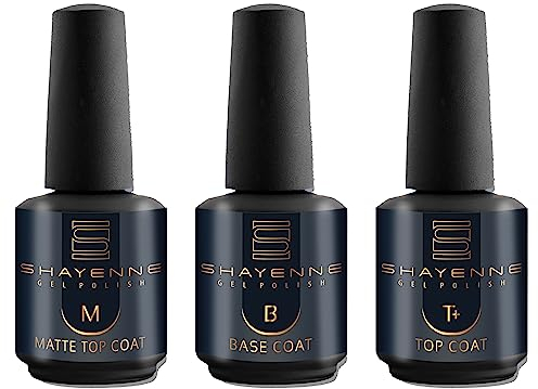 Shayenne 3er Set Unterlack Base Coat 15ml + Top Coat Matte 15 ml + Überlack Top Coat 15ml UV LED Gel mit Schwitzschicht Set Mäniküre Kit Nagellack Nail Polish