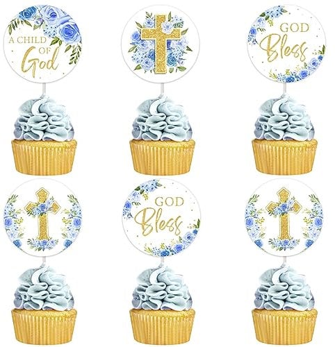 36 Stück blaue florale Gottessegen-Cupcake-Topper für Jungen, Erstkommunion, christliches Kind, religiöses Weihnachtskreuz, Babyparty, Geburtstagsparty-Dekorationen
