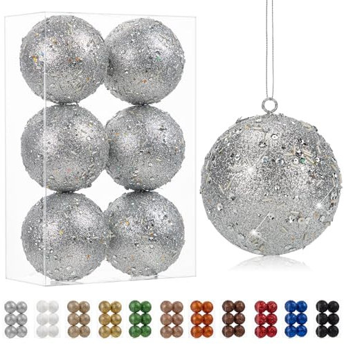Oairse 10cm Large Christmas Bauble Ornaments 6 Pcs Shatterproof Big Silver Bauble for Xmas Tree Glitter Christmas Tree Ornaments for Halloween Holiday Wedding Party Decoration