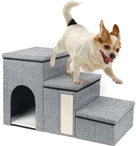 petizer Dog Stairs for Small Dogs, Foldable Pet Stairs with Storage Box and Condo, Adjustable Height Steps for Couch/Bed, Folding Non-Slip Dog Ramp for Puppy, Cats, or Small Dog