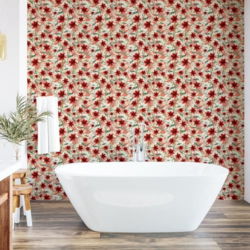 ABAKUHAUS Blumig abziehbare & klebbare Tapete für Zuhause, Blumen Blätter Beeren Handlung, selbstklebendes Wohnzimmer Küchenakzent, 33 cm x 250 cm, Scharlachrot Laurel Grün