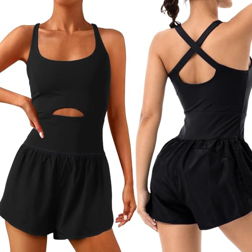 Wenlia Sexy Sport Outfit Damen Kurz ÄrmellosYoga Outfit Eng Elastic Romper Sexy Fitness Gym Trainningsanzug Schwarz L