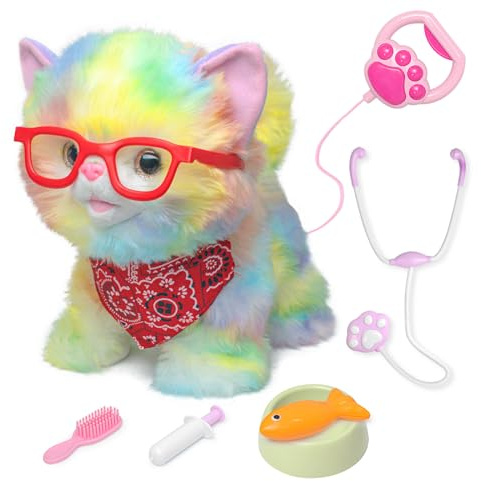 YH YUHUNG Ferngesteuerte Plüsch-Katze mit Rollenspiel-Set, läuft, miaut & wedelt, Touch/Sprach-Sensor, ab 3 J., 3×AAA Nicht enthalten