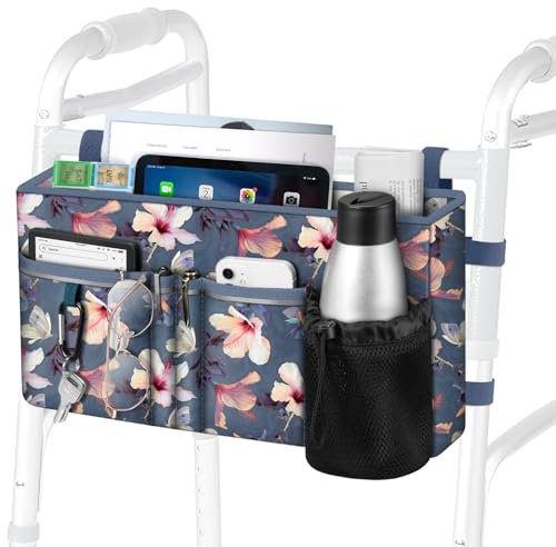 FINPAC Large Walker Tote Bag with Cup Holder, Folding Walker Attachment Hands-Free Storage Basket Mobility Aid Accessory Pouch for Elderly, Senior, Hibiscus