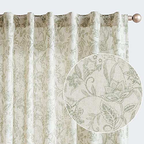 TOPICK Gardinen Leinen Vorhänge Blumen Bedruckt Wohnzimmer Gardine mit verdeckten Schlaufen Curtains Living Room für Schlafzimmer Landhaus Tür 2er-Set Grün auf Beige 140B x 210H(cm)
