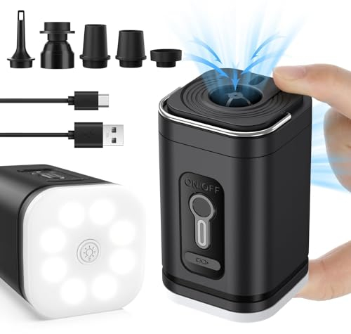 Kabellose Außenluftpumpe, Chargeable Camping Air Pump, Elektrische Luftpumpe mit Lampe und 5 Luftdüsen, Wiederaufladbare Luftpumpe, Quick-Fill Inflator Deflator Luftpumpe für Luftmatratze (Schwarz)