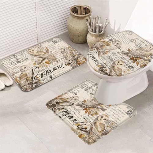 Set 3 Teilig Badvorleger Eulen Vintage Briefumschlag Stempel Handgemalt Stil Badgarnitur Badematten Waschbar Wasserabsorbierend Bad Duschmatten, Für Wc-Sitz Bezug, Dusche