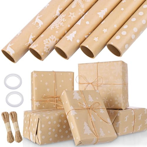 5 Rollen Geschenkpapier Weihnachten, 3mx43cm Weihnachtsgeschenkpapier Rollen Weihnachtspapier Geschenkpapier mit Hanfseil Kraftpapier Rolle für Geschenkverpackung Weihnachten (5 Stile)