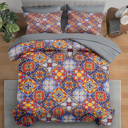 Pamnest 7-teiliges Bettdecken-Set für Queen-Size-Bett, mexikanisches Talavera-Keramik-Bettwäsche-Set für Kinder und Erwachsene, italienisches spanisches Bettlaken-Set mit Spannbetttuch, 2