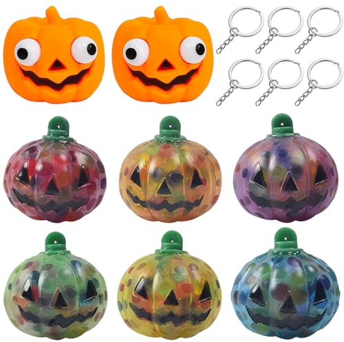 8 Pièces Halloween Squeeze Jouet Balle Anti-Stress avec 6 Porte-Clés pour Fête d'enfants, Cadeau (Style Citrouille)