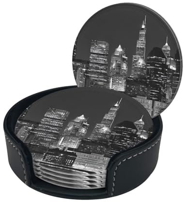 Lot de 6 dessous de verre ronds en cuir avec support imprimé New York pour la maison et le bureau, la cuisine, le bar