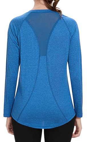 Wayleb Sport T-Shirt Damen Langarm V-Ausschnitt Sportshirt Back Mesh Leichtes Atmungsaktiv Fitness Shirts Laufen Yoga Langarmshirt Gym Funktionsshirt Einfarbig Locker, Blau M