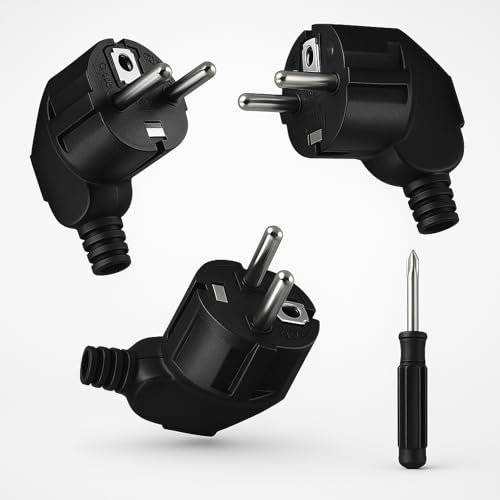 3 Stücke Schuko Stecker, Stecker 230v, Schukostecker mit Schraubendreher, Stromstecker mit Knickschutztülle IP20, Langlebig und Bruchfest,Schwarz