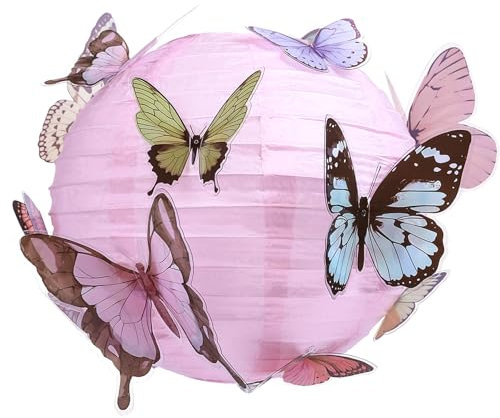 LIHAO 25cm Papier Lampion Lampenschirm mit Schmetterling Rund Laterne Classic Bamboo Style Gerippter Lampenschirm Deko für Party Garten Hochzeit Dekoration (Rosa)