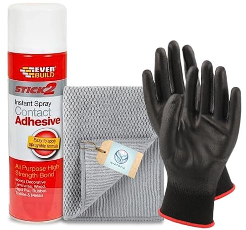 Everbuild Stick 2 All Purpose High Bond Strength Contact Spray Adhesive 500ml with Nylon Work Gloves & Microfibre Cloth - Heavy Duty Spray Glue for Wood, Metal, Vinyl Flooring, Carpets, and Upholstery