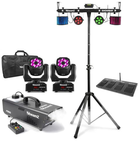 beamz SHOWBAR DJ Light Bar with Foot Controller, Moving Heads, PAR Cans, Strobe Lights & Haze Machine – Complete Disco Light Package for DJ Events, Parties & Stage Shows - partybar