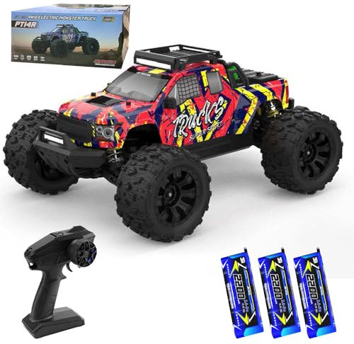 X-Verse 1:14 100KM/H Ferngesteuertes Auto, 4WD Wasserdichtes RC Autos mit 3S Bürstenloser Motor, 2.4GHz All Terrain Offroad RC Truck Truggy für Erwachsene, 3 Batterien(Gelb)