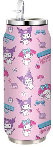 HOOKTA Kuromi Edelstahl Wasserflasche 500 ml Hochklappbare Sport flaschen aus Edelstahl mit Strohhalm Wiederverwendbarer Getränkebecher für Reisen Sport (GOOD LUCK)