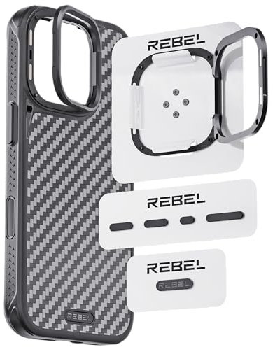 REBEL Folding Stand Upgrade Kit [CNC Aluminum Kickstand] Adjustable Angle Lens Protector Ring, Complete Metal Buttons & Logo Pack for iPhone 16 Pro/Max/15 Pro Max/15 Pro GEN6-5/FLEX Cases (Black)