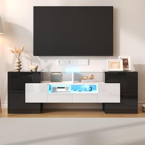 Stilvoller LED TV-Schrank, Hochglänzendes Weiß TV Lowboard, 145 cm, TV Bank mit LED-Beleuchtung, Modernes Wohnzimmer Möbel, Elegante Glasoberfläche, Großer Stauraum, Schwarz/Betonfarbe/Holzfarbe