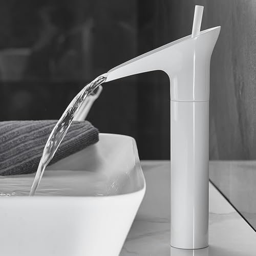 Grifo Lavabo Blanco Caño Alto Cascada Tipo Abierto Grifo Baño Monomando Caliente y Frío,Blanco