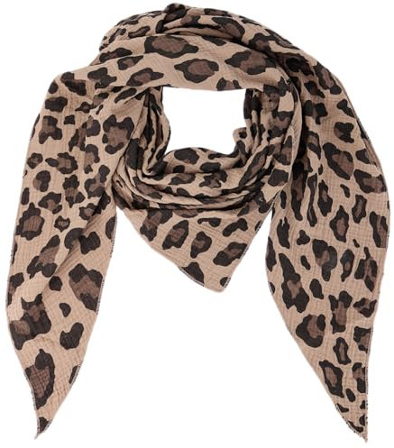 Damen Musselin Halstuch Made in Italy mit Leo Love Happy– Leichtes Dreieckstuch für Frühling & Sommer, Baumwolle, ca.195x85 cm (Camo Leo Camel)