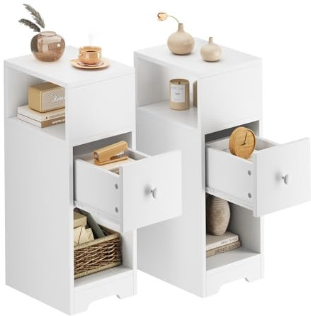 Dripex Slim Bedside Table, Set of 2 Narrow Bedside Cabinet with Storage Drawer, Wooden End Table Space Saving, 4 Tier Nightstand for Bedroom, Living Room, Balcony or Office (White)