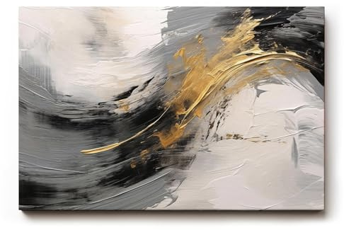 Sinus Art Wandbild 120x80cm Dynamisches Motiv mit geschwungener Bewegung in Schwarz, Weiß und Gold für eindrucksvolle Raumgestaltung
