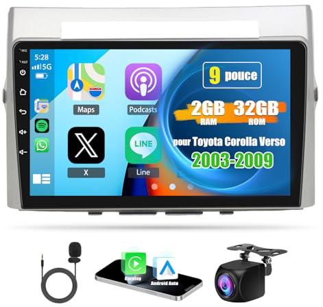 2 Din Autoradio für Toyota Corolla Verso 2003-2009 mit Carplay & Android Auto 9 Zoll IPS Bildschirm Bluetooth GPS Navi WiFi FM/RDS Radio Mirror Link DSP Rückfahrkamera SWC Geteilter Bildschirm, 2+32G