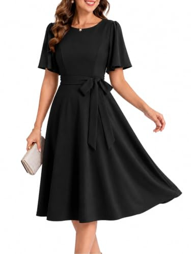 Fynadressr Women's Wedding Guest Dress A Line Short Sleeve | Ladies Casual Cocktail Formal Party Daily Dress with Belt