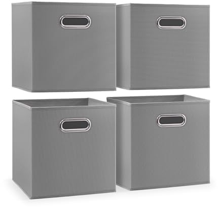 Woodluv Storage Cube Boxes Small, Set of 4 Foldable Storage Basket for Cupboards, Shelves, Closet, Set of 4, Grey, 25 x 25 x 25 cm