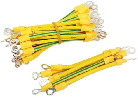 10 Stück BVR Solar-Photovoltaik-Erdungskabel mit Klemme 10/12/14 AWG Erdungsdrahtloch 5 mm gelb-grünes flexibles Kupfer-Erdungskabel(14awg 2.5mm2,250MM)