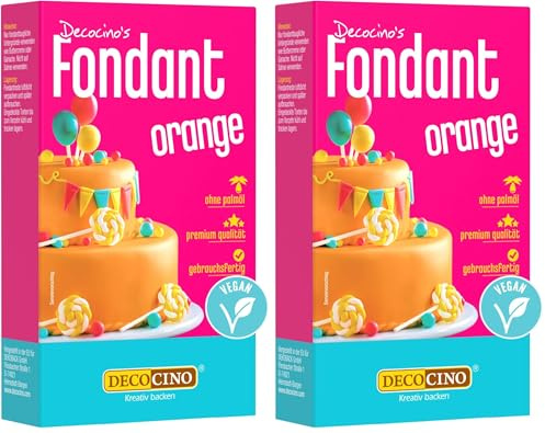 DECOCINO Fondant Orange – 250 g – ideal zum Verzieren von Kuchen, Torten, Cupcakes – Palmölfrei & vegan (Packung mit 2)