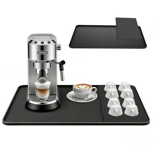 Kisizity 2-in-1 Kaffeemaschine Unterlage, 60 x 40cm Schwarz Kaffeematte | Kaffeemaschinenmatte mit Rand für Büro Bar Küche, mit 39 x 20cm Abnehmbar Kaffeemaschine Abtropfmatte aus Silikon, Stapelbar
