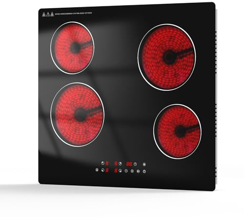 Gveyajo Fornello Elettrico 4 Fuochi in Vetroceramica, 6000W | Piano Cottura Elettrico 4 Zone 60cm, Comandi Touch, Nero, Compatibile con Tutte le Pentole, Collegamento Fisso