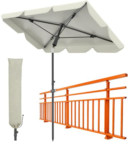 Huracan Parasol de balcon, avec housse de protection et pince pour balustrade, protection UV, rectangulaire, sans support, inclinable estival, beige, 190 x 120 cm