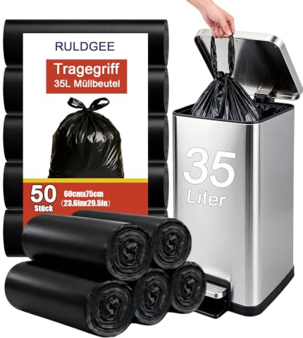 RULDGEE Reißfest Müllbeutel 35L mit Tragegriff 50 Stück Müllsäcke Blickdicht Mülltüten Schwarz Abfallbeutel