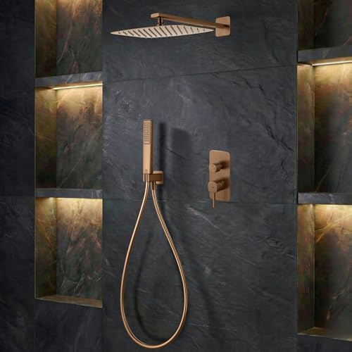 IMEX - Ducha Empotrada Monomando Oro Rosa | Kit de Grifería Empotrado con Alcachofa y Rociador Antical Efecto Lluvia | Columna Ducha Empotrada con Grifo en Latón y Acero Inox S.304 | Serie Toscana