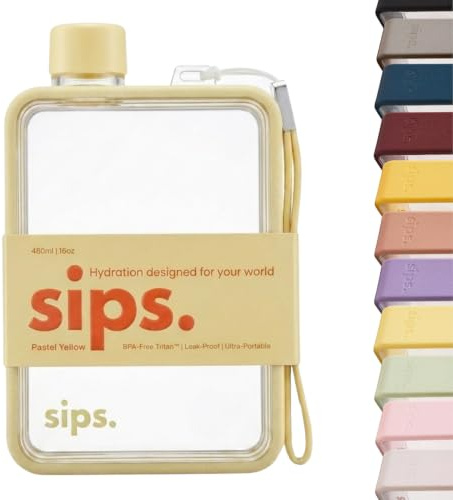 Sips. Flat Water Bottle Tritan Plastic, Leakproof, Slim Travel Flask for Gym, Handbag & Outdoor 480ml | 13 Colors | BPA-Free - PastelYellow