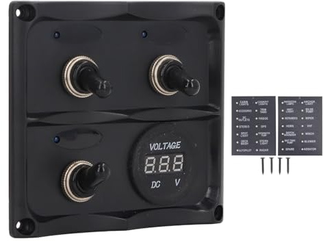 Pannello interruttore a levetta a 3 poli, pannello di controllo con interruttori impermeabili a LED, DC 12 V‑24 V, dotato di fusibile da 15 A e spie luminose blu, scatola di