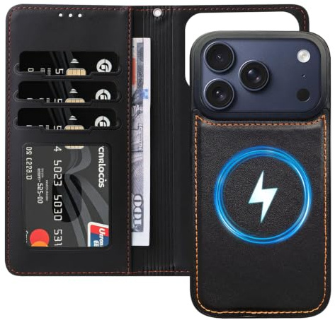 AoozeFon Handyhülle für iPhone 17 Pro Hülle, MagSafe Kompatibel Magnetische Klapphülle, Abnehmbare 2-in-1 360° Stoßfeste Flip Case Schutzhülle mit Kabelloses Laden & RFID-Blocker & Kartenfach, Schwarz