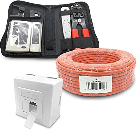 ARLI CAT 7 50m Verlegekabel Netzwerkkabel CAT.7 + 1x Netzwerkdose Cat6a + 1x Werkzeugset Crimpzange Abisoliermesser Tester Netzwerk Werkzeug Set 4 in 1 S/FTP CAT7 PIMF Kabel AWG23/1 Ethernet 50 m