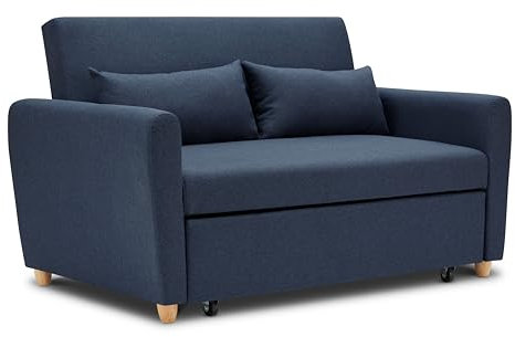 Bravich Pull Out Two Seater Double Sofa Bed - Blue. Modern Contemporary Space Saving Folding Bed, Easy Fold Living Room Furniture To Full Size Double Bed. Fabric Couch With Thick Foam Cushions.