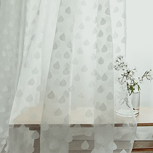 ZYY-Home curtain Blanc Jacquard Gouttes De Pluie Rideaux Voile Coton Lin Style Japonais Rideaux Voilage Crayon Plissé 2 Panneaux pour Salon Balcon Chambre,Blanc,W140xL245cm