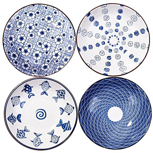 Keramik-Speiseteller-Set – blaue und weiße Pastaschalen mit Blumenmuster, Dessert- und Salatteller, flacher Teller für Vorspeisen und Snack, mikrowellen- und spülmaschinenfest