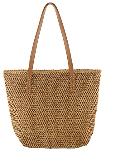DKIIL NOIYB Straw Shoulder Bag For Women, Large Straw Bags Weave Handmade Handle Tote Bag With Zipper Summer Beach Straw Handbags Bohemian Crossbody Bag