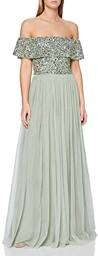 Maya Deluxe Damen Kvinder bardot kjole til kvinder maxi broderet højtid anbefalede taljebånd ærmeløs tyl bryllup p Brautjungfernkleid, Green Lily, 54 EU