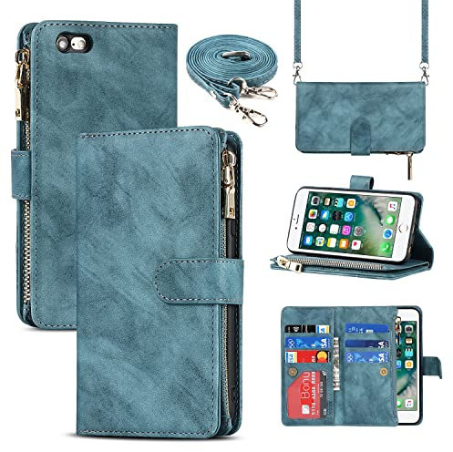 Cavor Crossbody iPhone 6 Plus/6S Plus Case With Card Holder With Strap,Flip Leather Wallet Case,[9 Card Holder] Zipper Detachable Lanyard Phone Case Cover for women - Light Blue