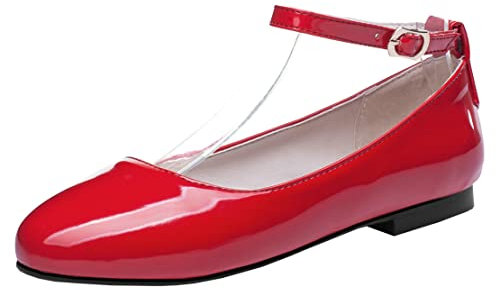 MISSUIT Damen Lack Pumps Riemchen Flach Ballerina Mary Jane Sommer Schuhe(Rot,37)